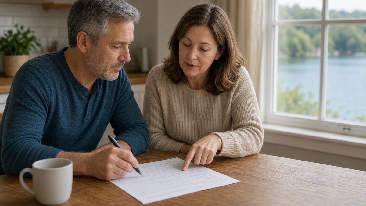 A middle-aged couple at a wooden kitchen table by a window with trees and a lake behind them, the man holding a pen over a printed form while the woman points to a line on the page