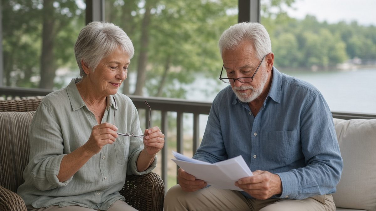 A retired couple on a screened porch overlooking trees and a lake, the woman holding a pair of eyeglasses while the man reads printed pages