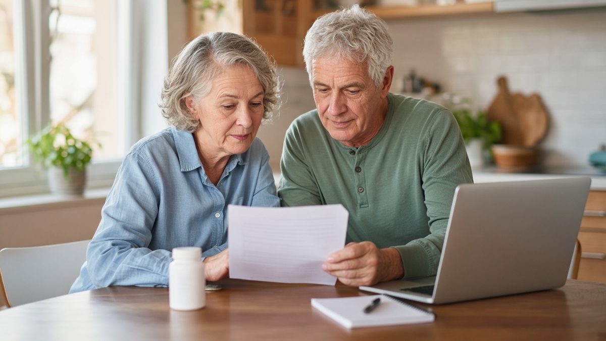 An older couple at a sunny kitchen table reviewing a printed list and a laptop, with a pill bottle and notepad nearby