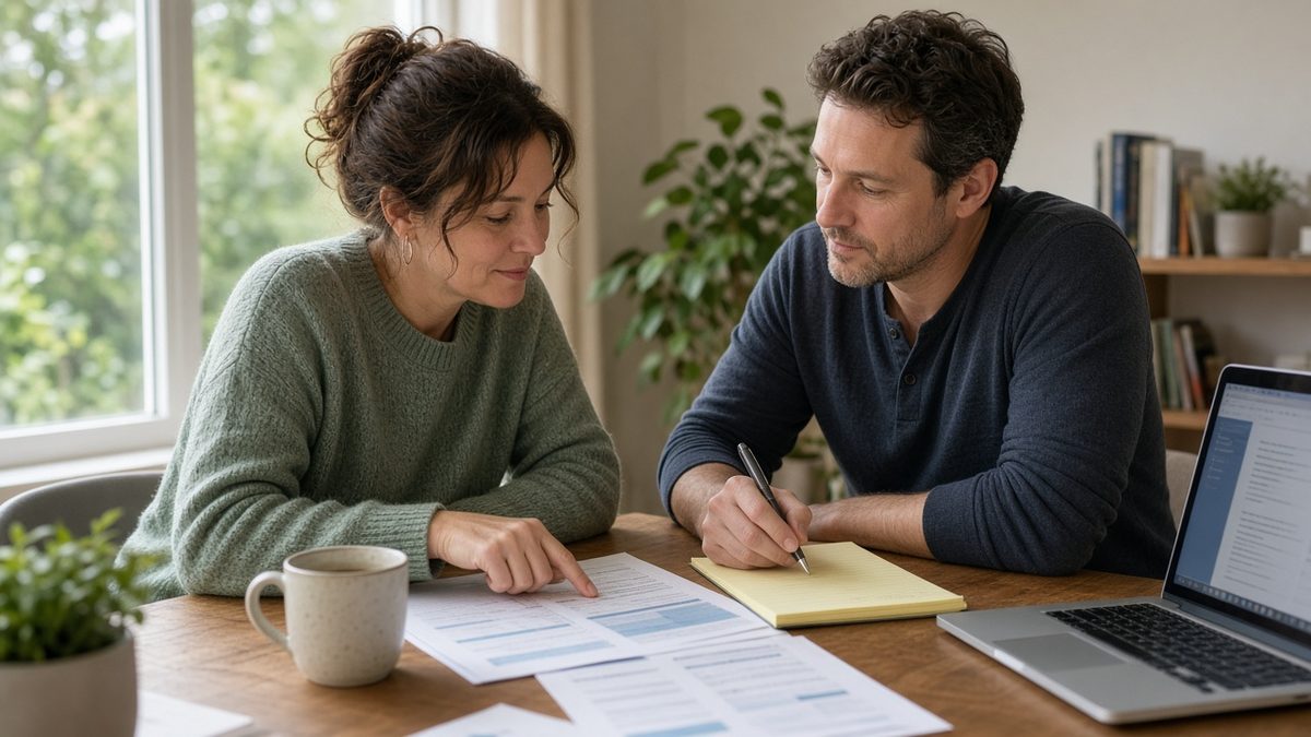 A couple at a sunny home office desk reviewing printed benefits papers and a laptop, the woman pointing at a page while the man takes notes on a yellow legal pad