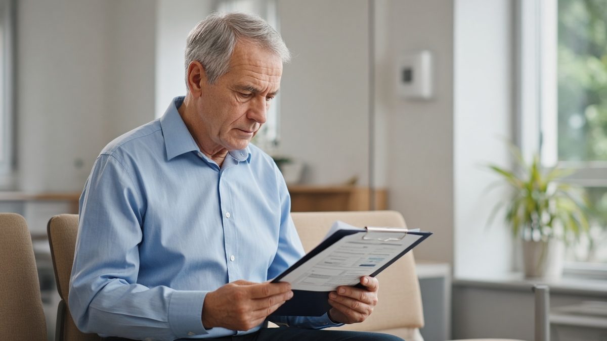An older man in a light blue shirt reading a printed brochure on a clipboard in a bright doctor's office waiting room