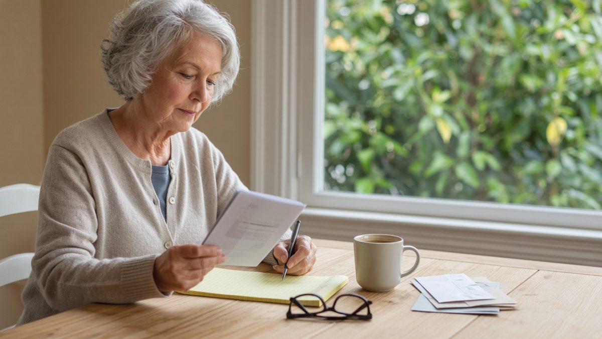 A woman with short gray hair reading a booklet and taking notes on a yellow legal pad at a sunny dining table, with a mug, reading glasses and a stack of mail nearby