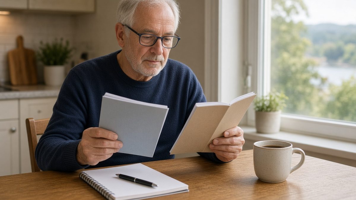 An older man in reading glasses comparing two booklets at a sunny kitchen table, with a notepad, pen and coffee mug nearby